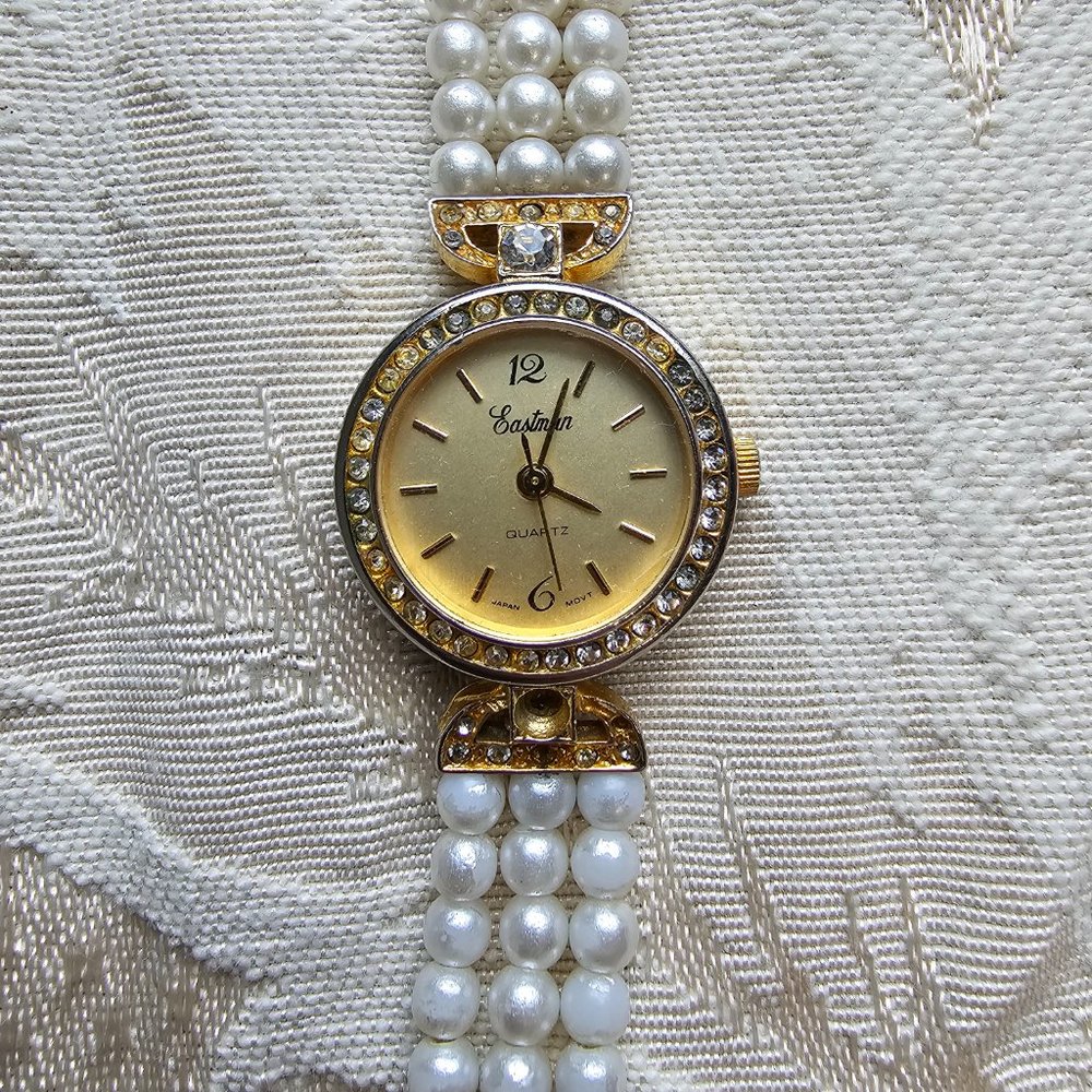 Eastman Quartz Gold Tone Pearl Rhinestone Watch - Picture 9 of 16